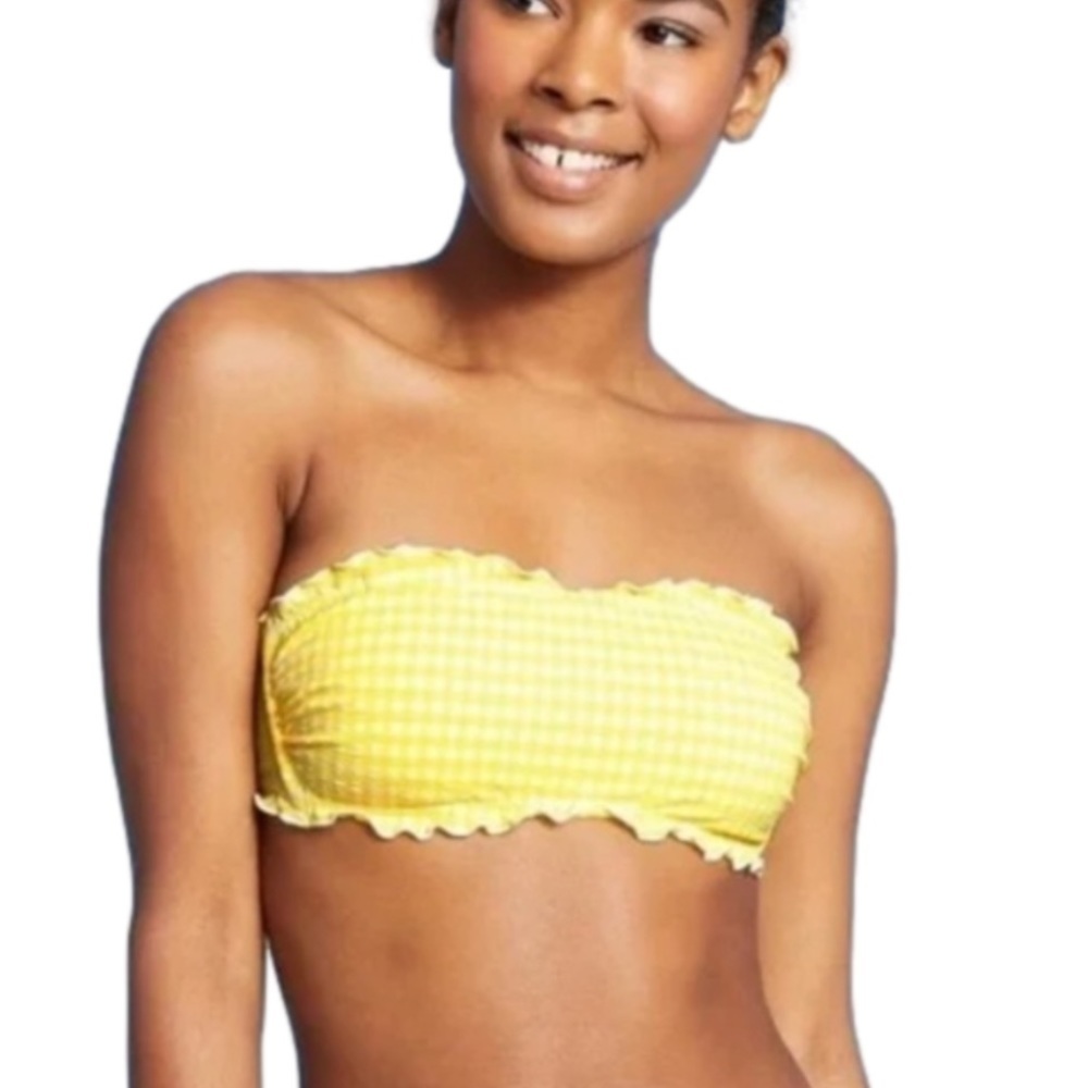 JUNIORS' Textured Gingham Bandeau Bikini Top - Xhilaration Yellow & white new
